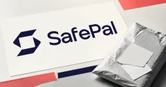 Large official navy SafePal wordmark and emblem on an off-white plaque beside a greyscale unbranded padded shipping parcel with a blank torn label.