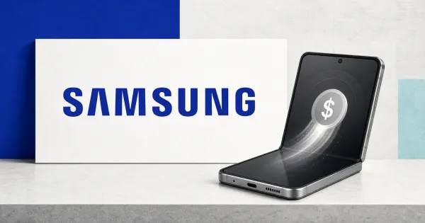 Large official blue Samsung wordmark on a white plaque beside a greyscale foldable smartphone showing a dollar-value transfer symbol, set against blue and pale aqua editorial panels.