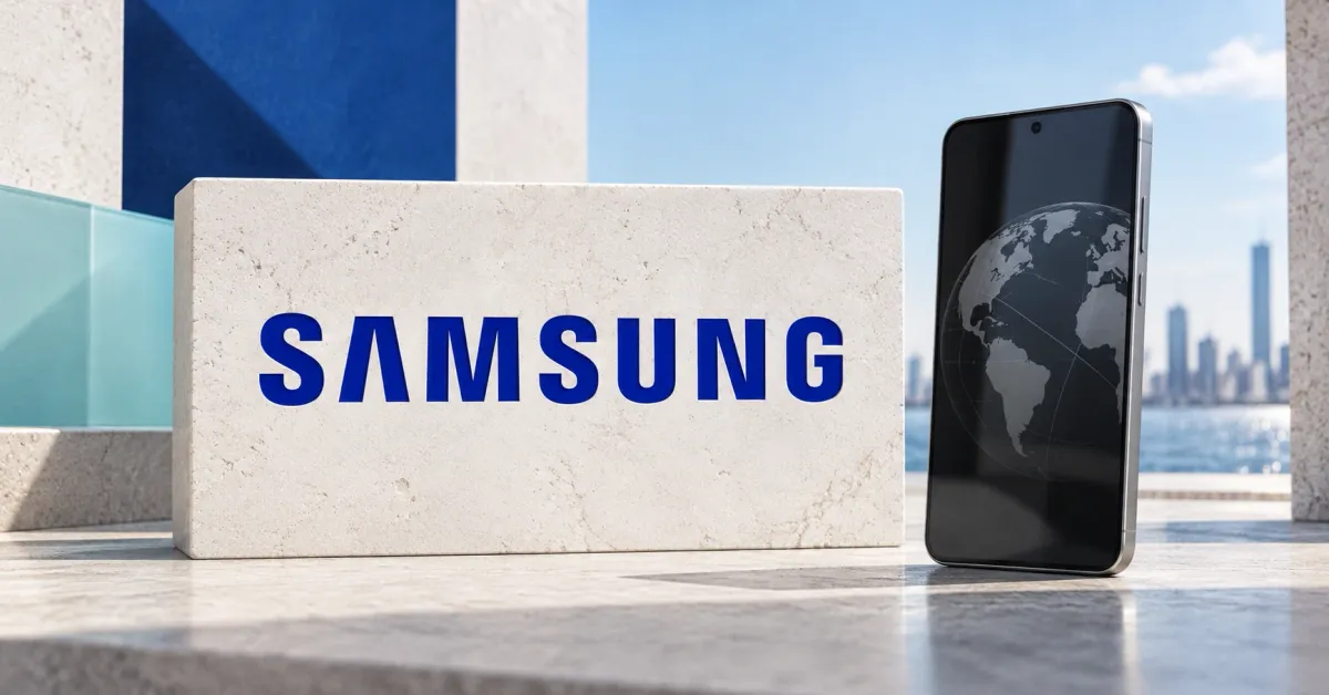A large official blue SAMSUNG lettermark on an off-white stone sign beside an unbranded greyscale smartphone displaying a globe reflection, with blue and pale turquoise architectural panels and a distant skyline.