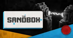 Large official The Sandbox wordmark on a cream placard beside a greyscale voxel-block cross-chain bridge with a snapped glowing connection, set on charcoal, cyan and amber editorial panels.