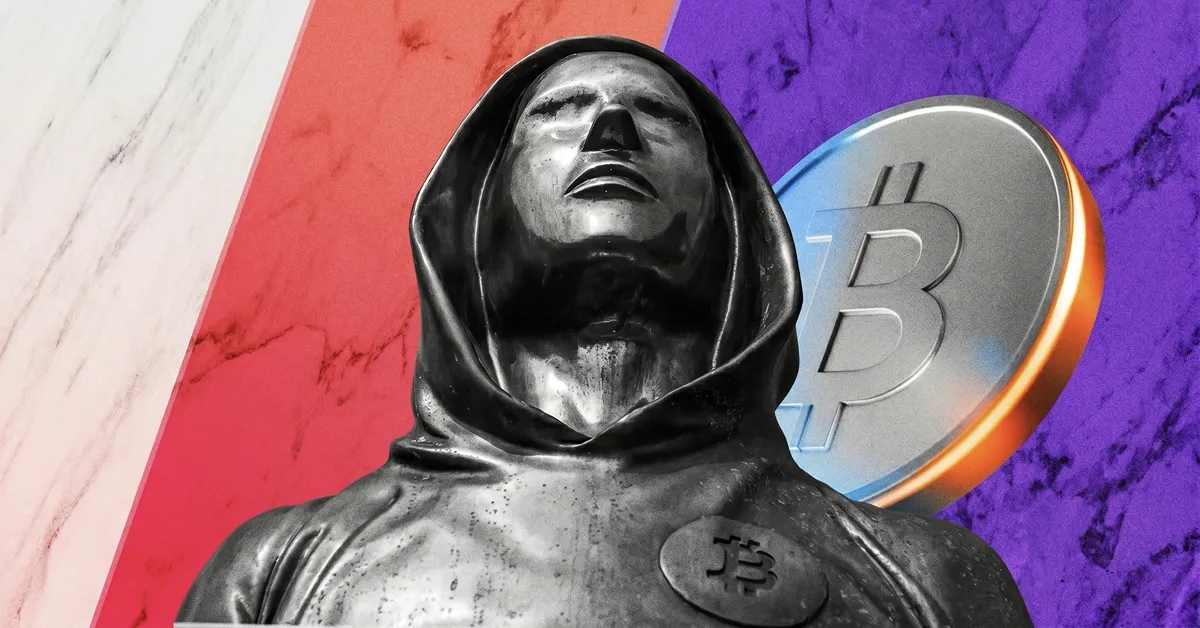 Anonymous hooded figure beside Bitcoin coins, symbolizing the mystery around Satoshi Nakamoto and Bitcoin's early creators