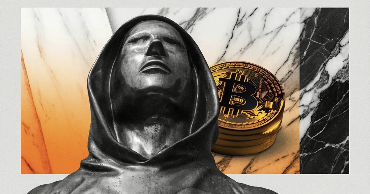 Hooded anonymous statue with stacked Bitcoin coins, symbolizing cryptocurrency privacy, anonymous creators, and the mystery of Bitcoin's origins