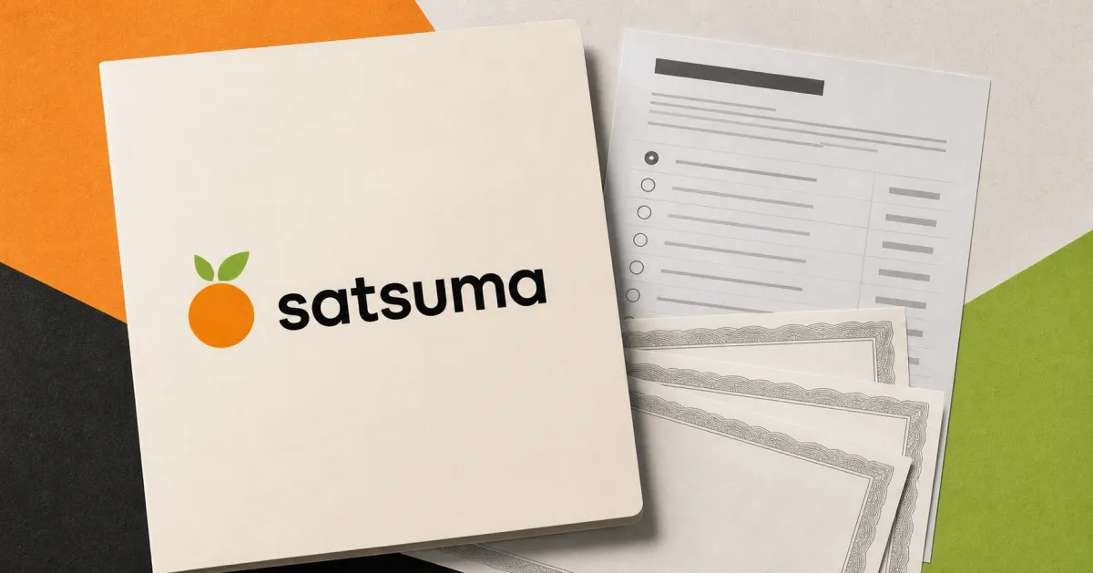 Satsuma's orange-and-green official logo on a corporate folder beside a greyscale shareholder ballot and blank treasury certificates on orange, charcoal and green editorial panels.