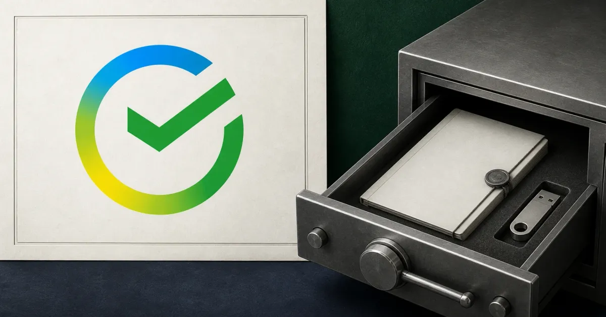Large official Sberbank circular checkmark mark on a white plaque beside a greyscale secure custody drawer containing a sealed ledger document and hardware security key.