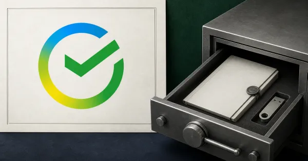 Large official Sberbank circular checkmark mark on a white plaque beside a greyscale secure custody drawer containing a sealed ledger document and hardware security key.
