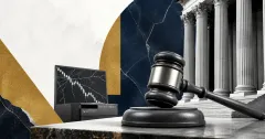 Greyscale federal courthouse columns, courtroom gavel and cracked crypto exchange terminal on navy, gold and off-white editorial panels for the Sam Bankman-Fried FTX appeal decision.