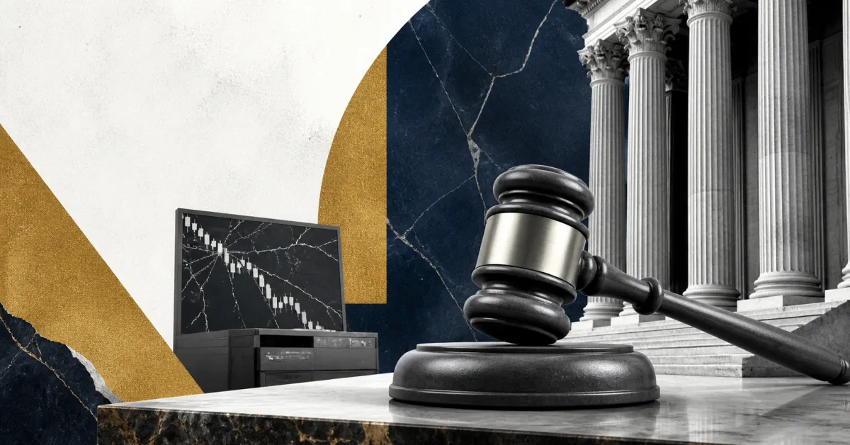 Greyscale federal courthouse columns, courtroom gavel and cracked crypto exchange terminal on navy, gold and off-white editorial panels for the Sam Bankman-Fried FTX appeal decision.