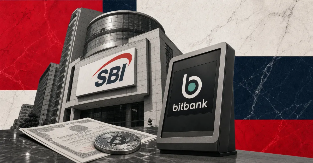 Greyscale SBI financial building, Bitbank exchange terminal, yen deal document and Bitcoin coin on red, navy and off-white editorial panels.