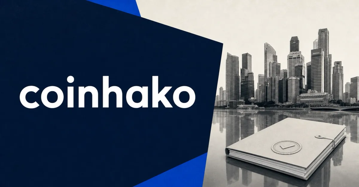 Official white Coinhako wordmark on a large navy editorial panel beside a greyscale Singapore financial skyline and an unbranded approval dossier, representing SBI Holdings' majority acquisition of Coinhako.