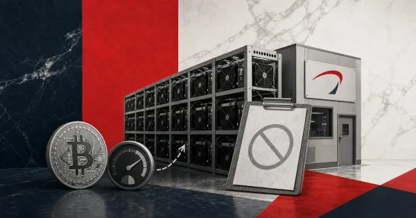 Greyscale SBI Crypto mining facility with Bitcoin mining machines and a pool shutdown notice on red, slate and off-white editorial panels.