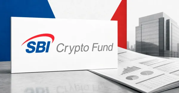 The official SBI Crypto Fund logo dominates a white plaque beside a greyscale institutional fund prospectus and Japanese office building on blue, red and off-white editorial panels.