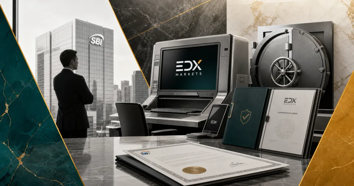 Greyscale EDX Markets exchange terminal, SBI office tower and custody vault on teal, gold and marble editorial panels.