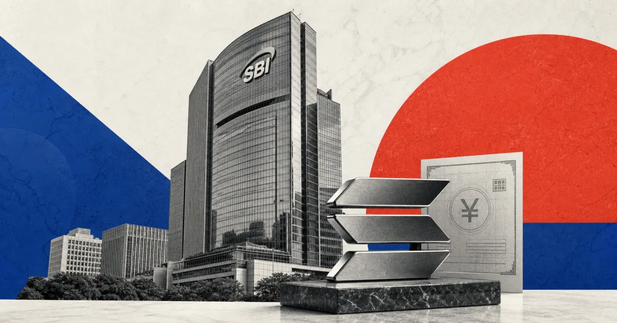 Greyscale Japanese financial tower, Solana emblem and yen settlement rail on cobalt, coral and off-white editorial panels, representing SBI and Solana's onchain-finance partnership.