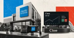 Greyscale Charles Schwab brokerage building and desk beside a Cboe S&P 500 binary-options screen on blue and red editorial panels.
