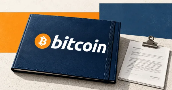 One large official orange Bitcoin emblem and white lowercase bitcoin wordmark on a navy investment folio beside unbranded greyscale financial paperwork with a metal clamp, on a pale stone desk against orange and slate-blue editorial panels.
