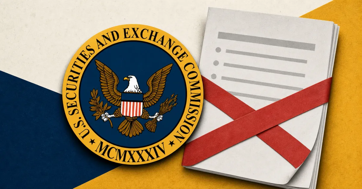 Large official U.S. Securities and Exchange Commission seal beside a greyscale unbranded meeting agenda page crossed by a plain red cancellation ribbon on navy and gold editorial panels.