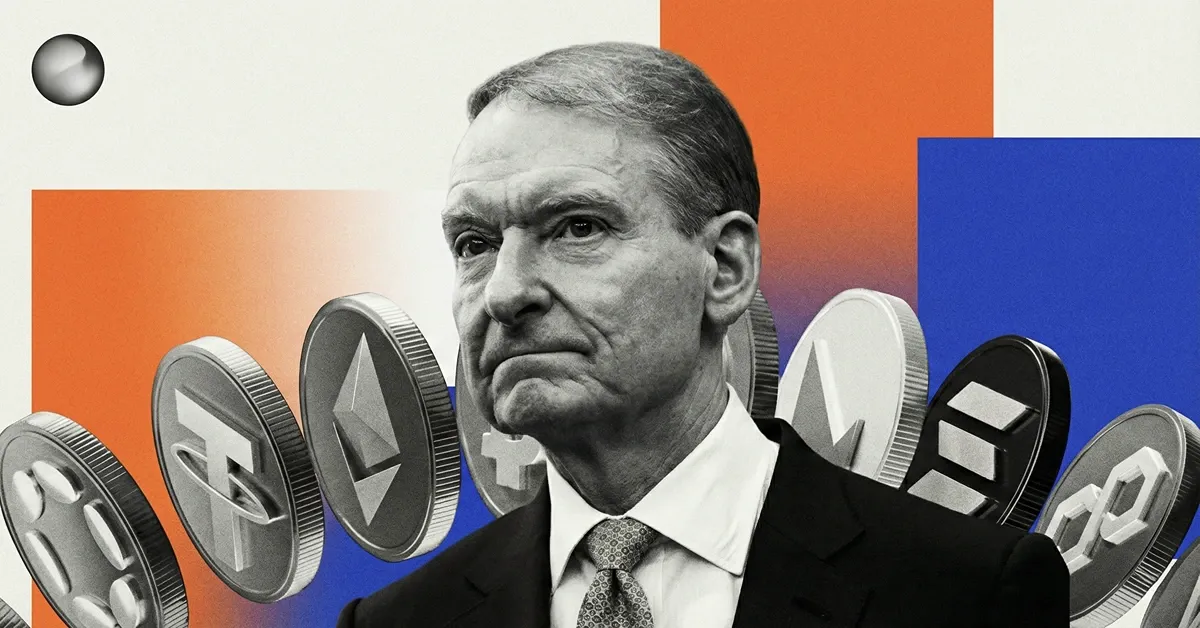 Paul Atkins portrait with Bitcoin, Ethereum, and stablecoin icons on orange and blue blocks, illustrating SEC oversight and crypto regulation tensions.