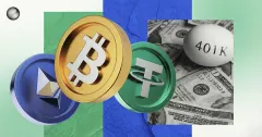 A 401(k) statement overlaid with Bitcoin and U.S. regulator icons, illustrating the debate over crypto access in retirement plans