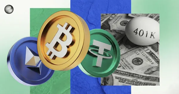 A 401(k) statement overlaid with Bitcoin and U.S. regulator icons, illustrating the debate over crypto access in retirement plans