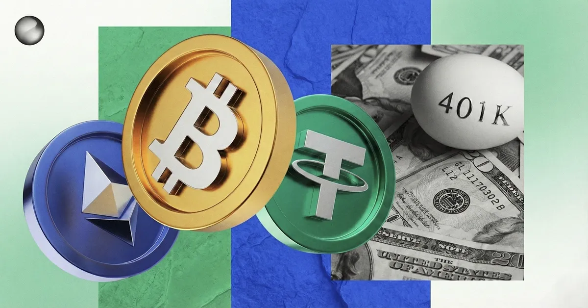 A 401(k) statement overlaid with Bitcoin and U.S. regulator icons, illustrating the debate over crypto access in retirement plans