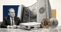 Greyscale SEC headquarters and Paul Atkins at a regulatory desk with Bitcoin, Ethereum and exchange rule documents on blue and gold editorial panels.