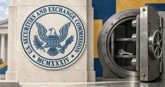 Large official blue U.S. Securities and Exchange Commission seal on an off-white stone sign beside an unbranded greyscale open vault containing a plain metal key, with navy and ochre panels.