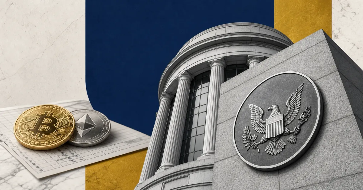 SEC building facade with Bitcoin and Ethereum tokens on a regulatory blue and gold editorial background