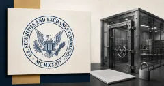 Official navy U.S. Securities and Exchange Commission seal on a large off-white plaque beside a greyscale glass DeFi vault, blank lending document and padlock.