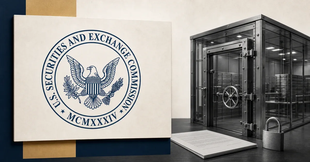 Official navy U.S. Securities and Exchange Commission seal on a large off-white plaque beside a greyscale glass DeFi vault, blank lending document and padlock.