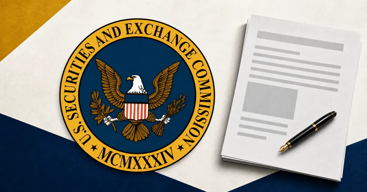 Large official U.S. Securities and Exchange Commission seal beside an unbranded greyscale rulemaking document and fountain pen on off-white, navy and gold editorial panels.