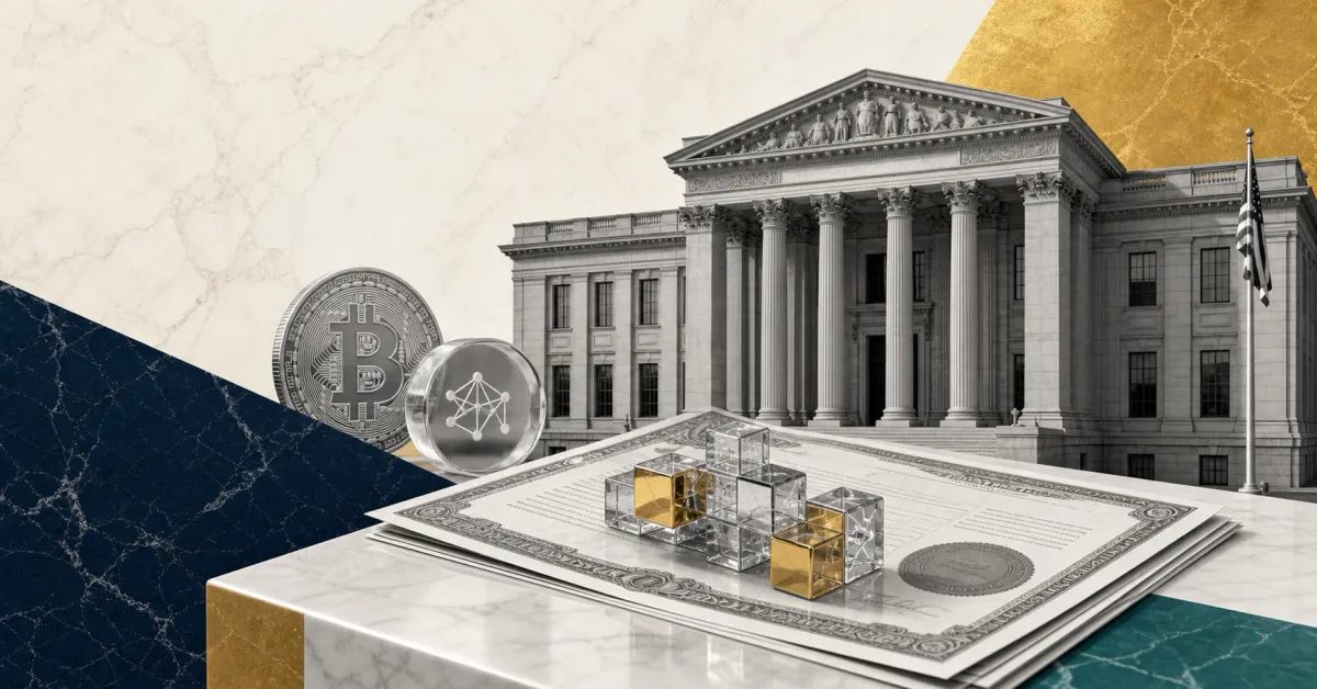 Greyscale SEC-style courthouse facade with tokenized stock certificates, Bitcoin and blockchain cubes over navy, gold and teal editorial panels.
