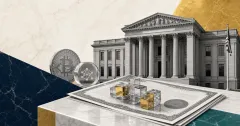 Greyscale SEC-style courthouse facade with tokenized stock certificates, Bitcoin and blockchain cubes over navy, gold and teal editorial panels.