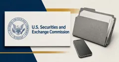 Official navy U.S. Securities and Exchange Commission seal and wordmark on a large off-white plaque beside a greyscale records folder with blank papers and a non-branded smartphone.