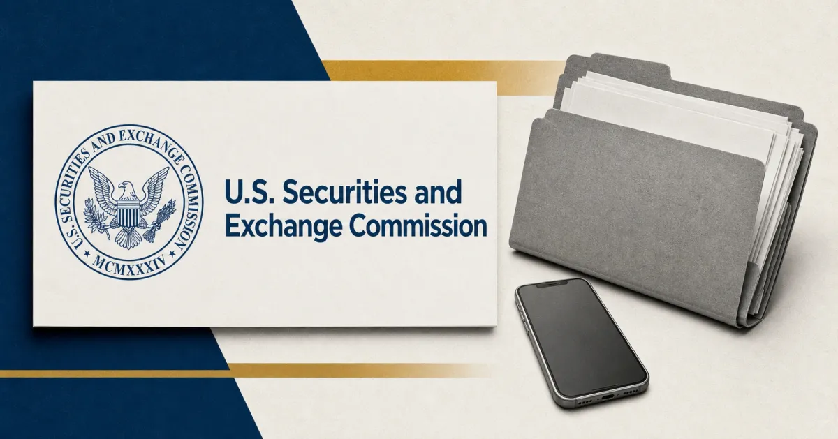 Official navy U.S. Securities and Exchange Commission seal and wordmark on a large off-white plaque beside a greyscale records folder with blank papers and a non-branded smartphone.