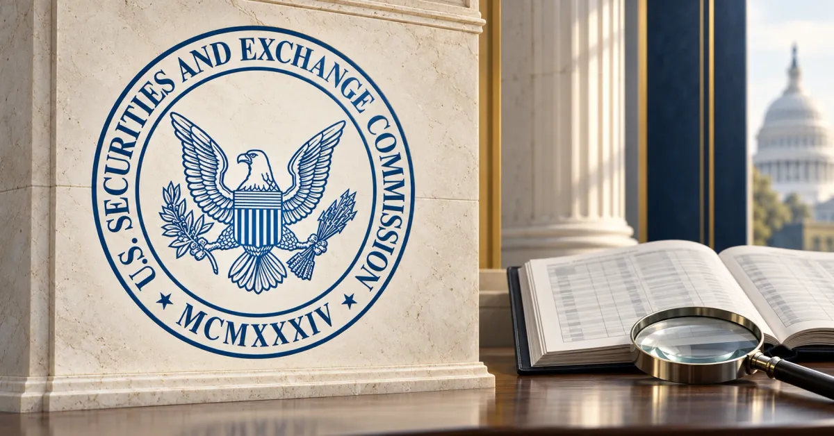 One large official blue SEC circular eagle seal on an ivory stone sign beside an unbranded greyscale securities ledger and magnifying glass, with navy and muted gold architectural details.