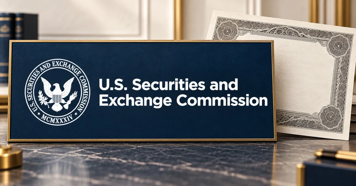 Large official white U.S. Securities and Exchange Commission seal-and-wordmark on a navy plaque beside an unbranded greyscale stock certificate with an engraved border.