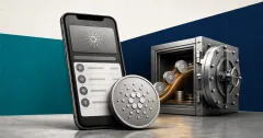 Greyscale Cardano wallet phone, ADA coin and secured digital vault on teal and navy editorial panels.