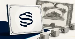 Large official Securitize mark on an institutional fund plaque beside a greyscale high-yield bond certificate and neutral blockchain settlement blocks.