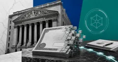 Greyscale NYSE facade, tokenized securities certificates and blockchain settlement blocks on blue and teal editorial panels.