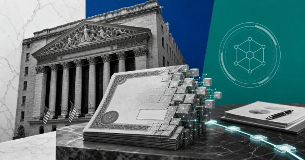 Greyscale NYSE facade, tokenized securities certificates and blockchain settlement blocks on blue and teal editorial panels.