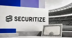 Large official black Securitize wordmark beside a greyscale unbranded professional football stadium and blank share certificate on cobalt, violet and off-white editorial panels.