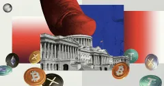 U.S. Capitol under a red stamp with Bitcoin, Ethereum, XRP, and stablecoin icons, illustrating congressional pressure on crypto regulation