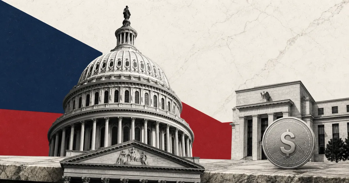 Greyscale U.S. Capitol dome, Federal Reserve building and institutional digital dollar coin on navy and muted-red editorial panels.