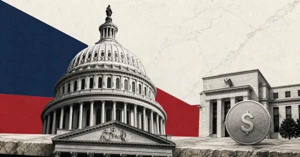 Greyscale U.S. Capitol dome, Federal Reserve building and institutional digital dollar coin on navy and muted-red editorial panels.