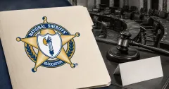 Large official National Sheriffs' Association blue-and-gold seal on an unbranded document folder beside a greyscale Senate chamber desk, gavel and blank letter.