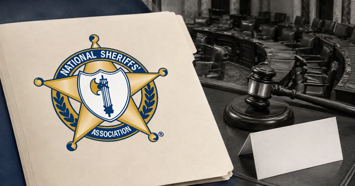 Large official National Sheriffs' Association blue-and-gold seal on an unbranded document folder beside a greyscale Senate chamber desk, gavel and blank letter.