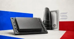 Greyscale SK Hynix semiconductor chip and Nasdaq-style market tower on electric blue, crimson and off-white editorial panels, illustrating the SKHY tokenized stock launch on Solana.