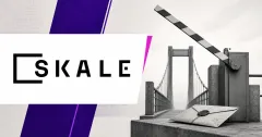 Large official black SKALE logo on a white plaque beside a greyscale bridge gateway with a raised emergency barrier and sealed evidence envelope on off-white, violet and magenta editorial panels.
