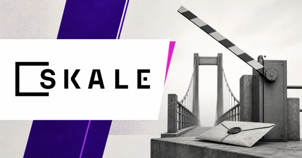 Large official black SKALE logo on a white plaque beside a greyscale bridge gateway with a raised emergency barrier and sealed evidence envelope on off-white, violet and magenta editorial panels.