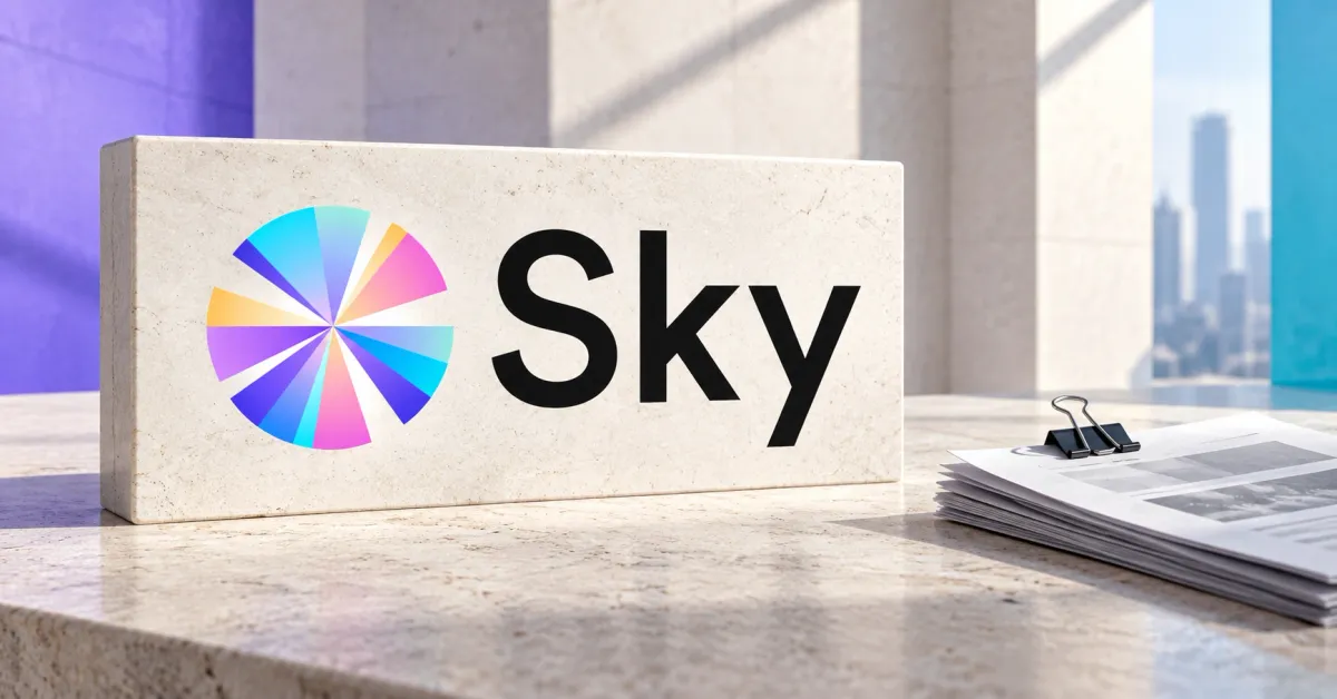 Large official multicolor Sky fan and black Sky wordmark on an off-white stone sign beside an unbranded greyscale credit dossier and metal binder clip, against violet and cyan editorial panels.